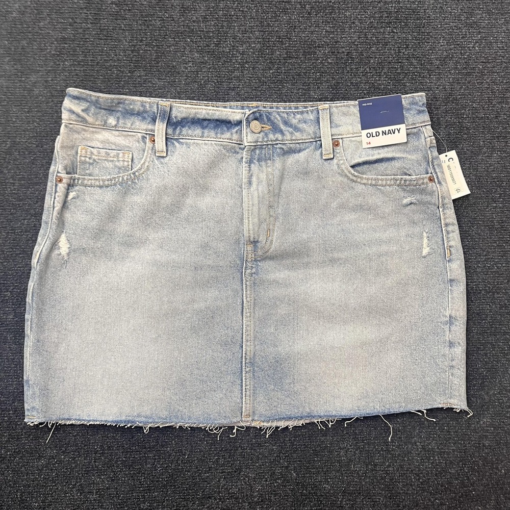 Old Navy‎ Skirt Womens 14 Blue Denim Mid Rise Raw Hem Mini Distressed Pockets